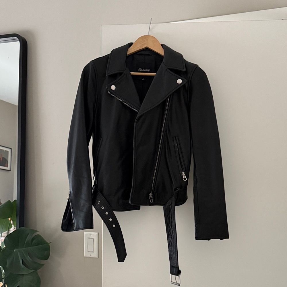 Madewell black leather moto jacket.